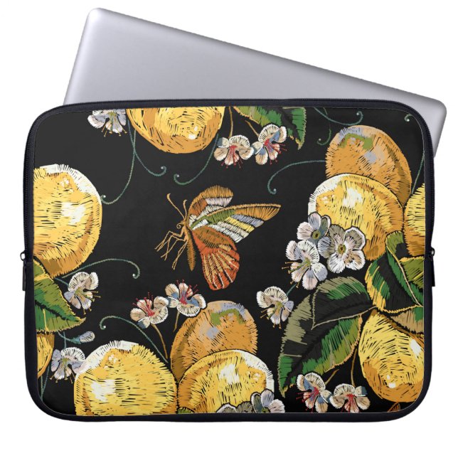 Moderne Lemon Citrus Floral Butterfly Muster Laptopschutzhülle (Vorderseite)