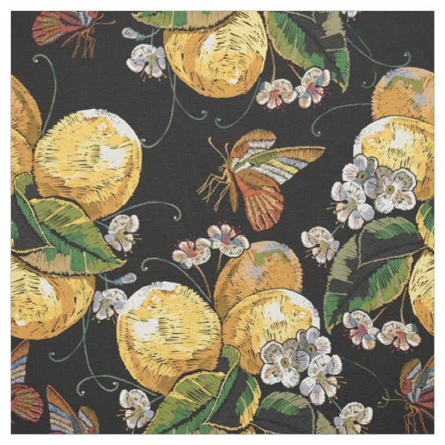 Moderne Lemon Citrus Floral Butterfly Muster Stoff (Muster)