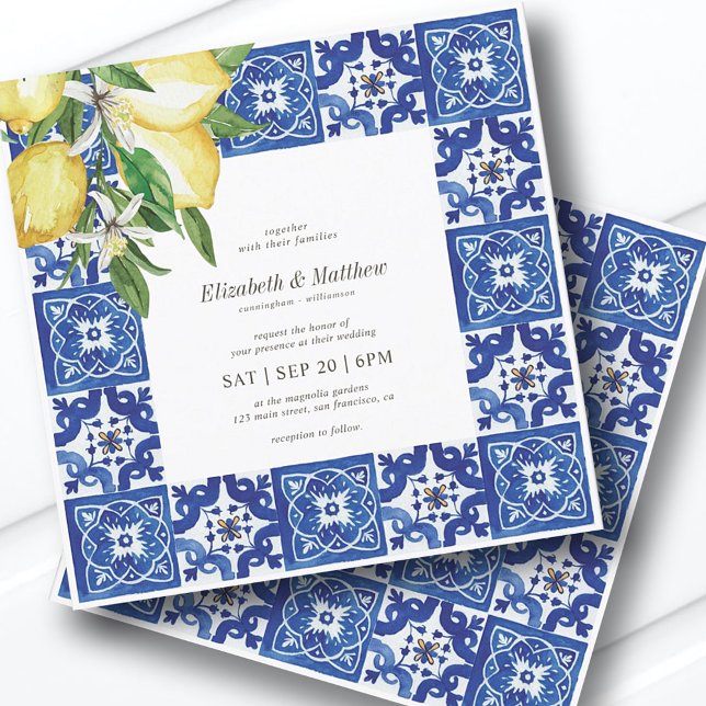 Moderne Lemon Foliage Blue Mediterrane Hochzeit Einladung (Von Creator hochgeladen)