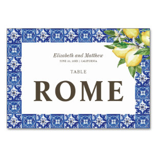 Moderne Lemon Foliage Blue Mediterrane Hochzeit Tischnummer