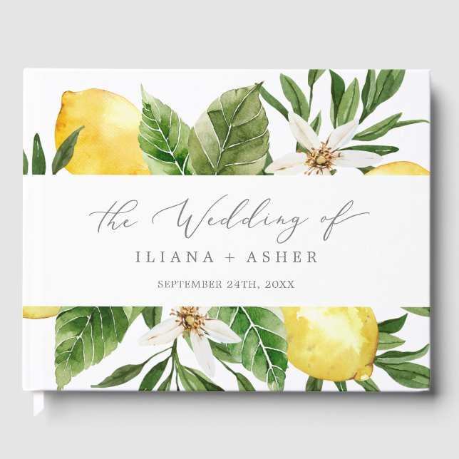 Moderne Lemon Garden Monogram Back Wedding Gästebuch (Vorderseite)