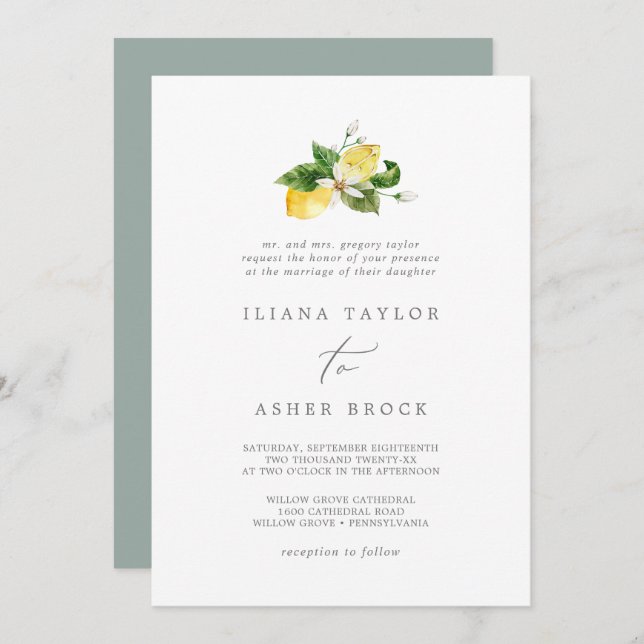 Moderne Lemon Garden Traditionelle Hochzeit Einladung (Vorne/Hinten)