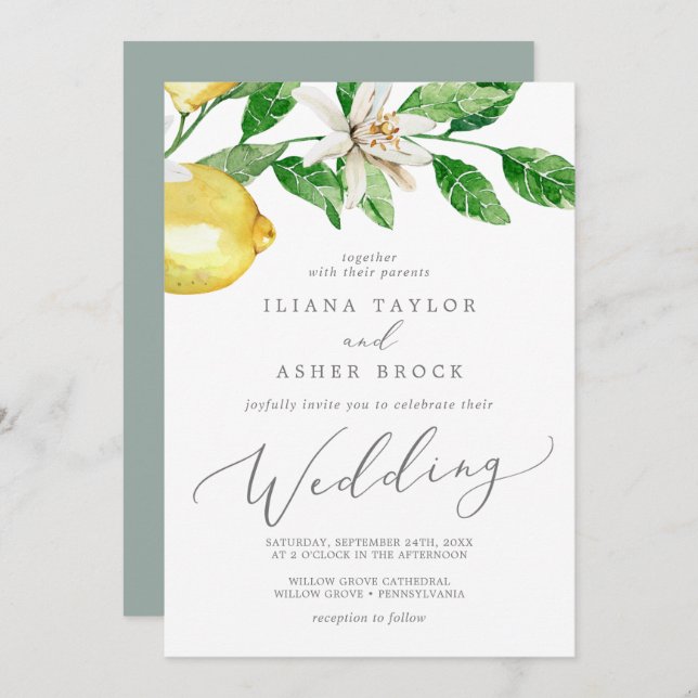 Moderne Lemon Garden Wedding Einladung (Vorne/Hinten)