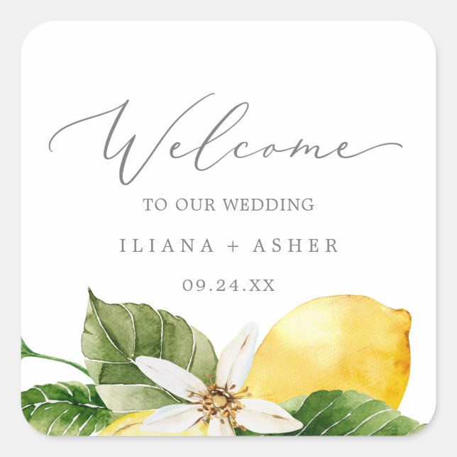 Moderne Lemon Garden Wedding Willkommen Quadratischer Aufkleber (Vorderseite)
