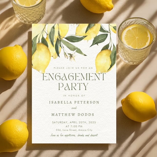 Moderne Lemon Mediterranean Engagement Party Einladung (Modern Lemon Mediterranean Engagement Party Invitation)