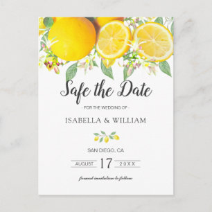 Moderne Lemon-Sommerhochzeit rettet das Datum Ankündigungspostkarte