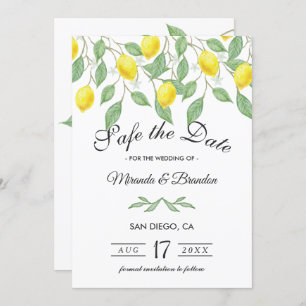 Moderne Lemon-Sommerhochzeit rettet das Datum Einladung