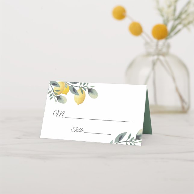 Moderne Lemon & Watercolor Blumenhochzeit Platzkarte (Vorderseite)