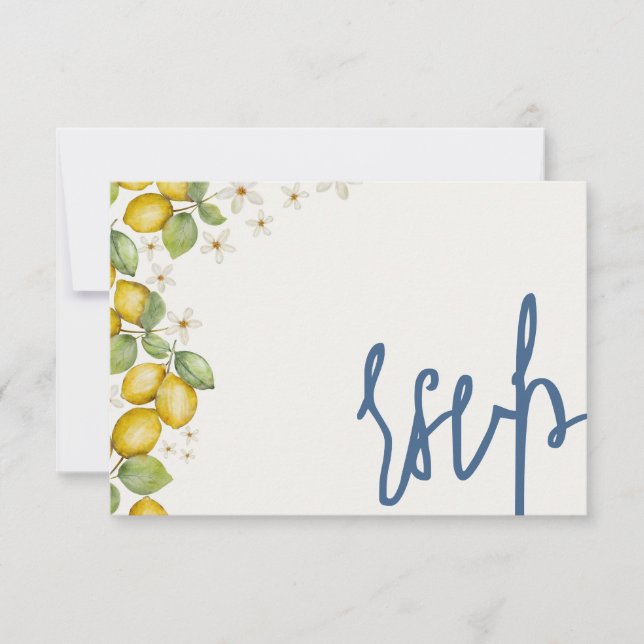 Moderne Lemons Blue & Yellow Wedding RSVP Karte (Vorderseite)