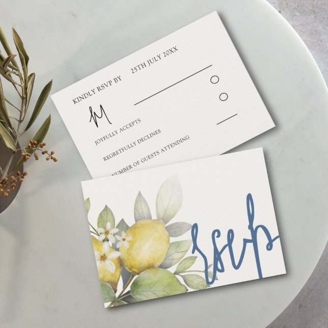 Moderne Lemons Blue & Yellow Wedding RSVP Karte (Von Creator hochgeladen)
