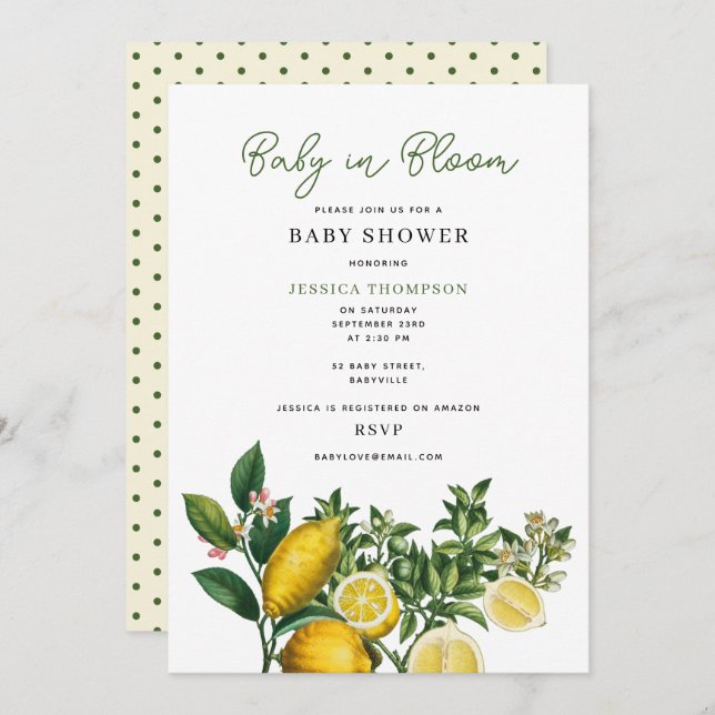 Moderne Lemons Gelbes Baby in Bloom Baby Dusche Einladung (Vorne/Hinten)