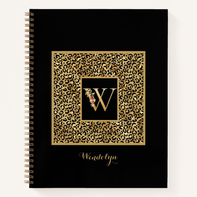 Moderne Leopard Gold Persönliches Monogramm Buchst Notizbuch (Vorderseite)