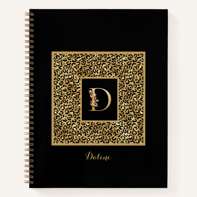 Moderne Leopard Gold Persönliches Monogramm Buchst Notizbuch (Vorderseite)