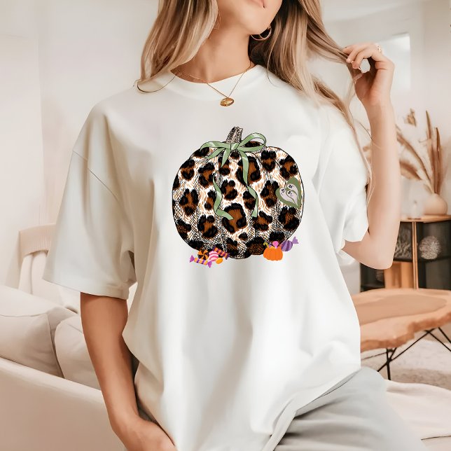 Moderne Leopard Pumpkin Retro Niedliche Halloween- T-Shirt (Pumkin Halloween Shirt)