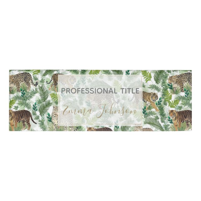 Moderne Leopards Tigers Jungle Pflanze Namenschild (Vorderseite)