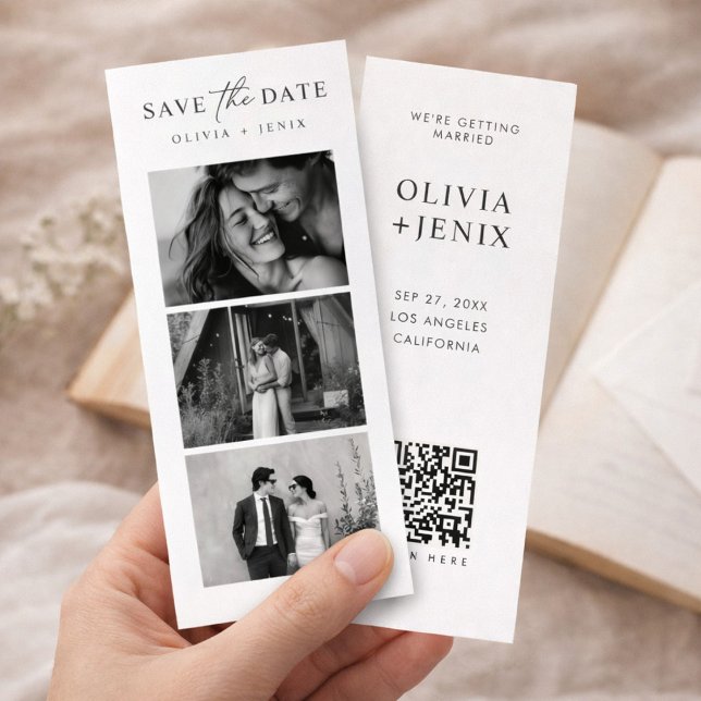 Moderne Lesezeichen-Fotostreifen-QR-Code-Hochzeit Save The Date (Von Creator hochgeladen)
