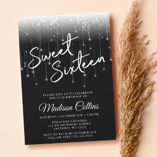 Moderne Lichter Schwarz-Weiß Sweet 16 Einladung
