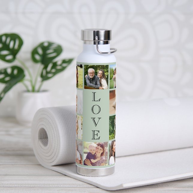 Moderne Liebe 10 Foto Collage Sage Green Trinkflasche (Yoga)