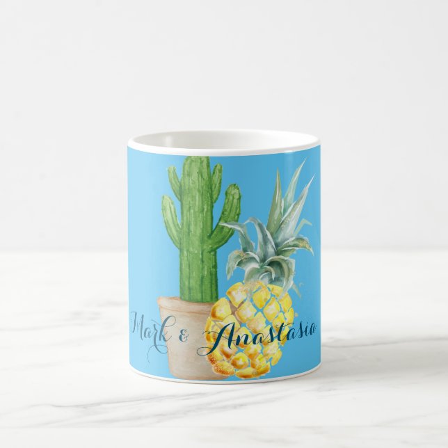 Moderne Liebe Blaue Ananas und Kakteen Kakteen Kak Kaffeetasse (Mittel)