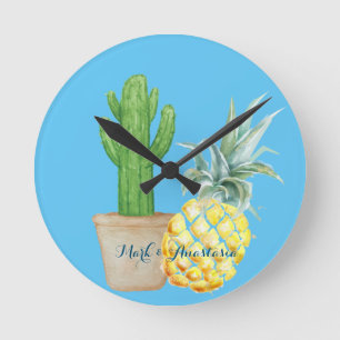 Moderne Liebe Blaue Ananas und Kakteen Runde Wanduhr