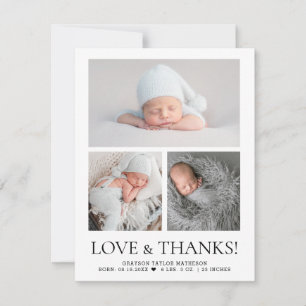 Moderne Liebe & Dank Baby Foto Grid Birth Stat Dankeskarte