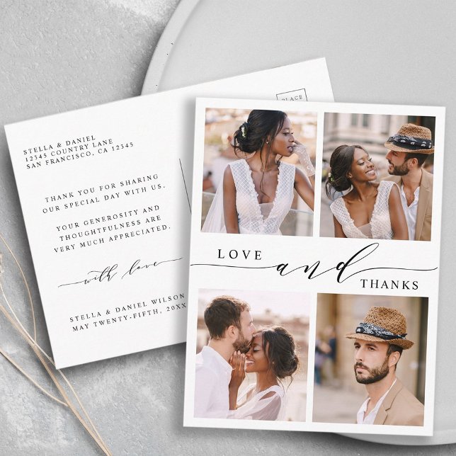 Moderne Liebe & Danke 4 Foto Wedding Vielen Dank Postkarte (Front & Back)