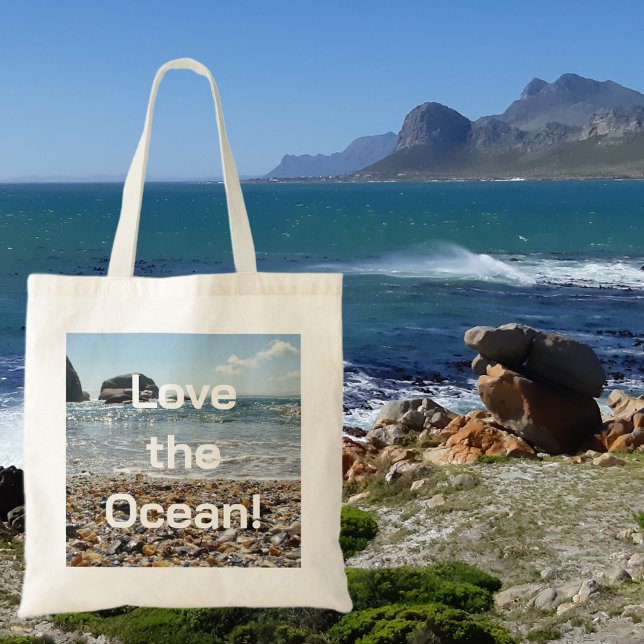 Moderne Liebe der Ocean Muscheln Foto Typografie T Tragetasche (Front with Background)