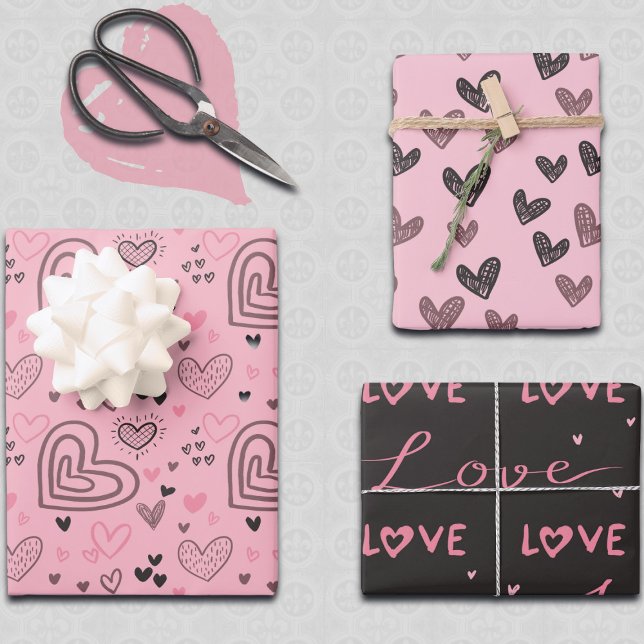 Moderne Liebe Doodles Niedlich Rosa und Schwarze H Geschenkpapier Set (Von Creator hochgeladen)