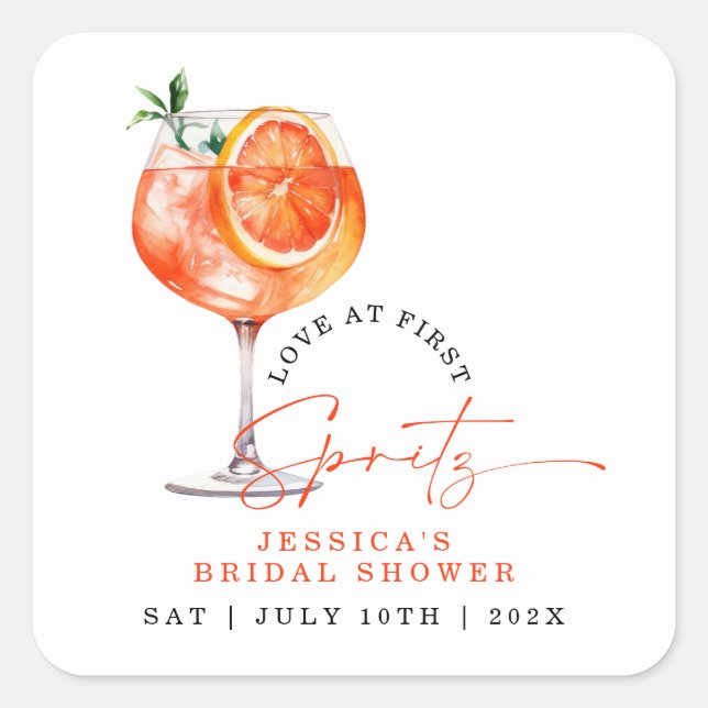 Moderne Liebe im ersten Spritz-Brautparty Quadratischer Aufkleber (Vorderseite)