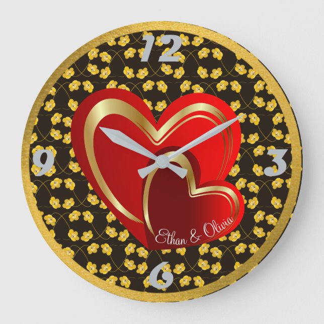 Moderne Liebe Red Hearts Personalisiert Hochzeitsp Große Wanduhr (Vorderseite)