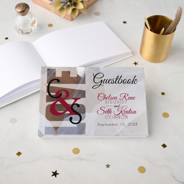 Moderne Liebe - Red Maroon Wedding Guestbook Gästebuch (Vorderseite Offen)