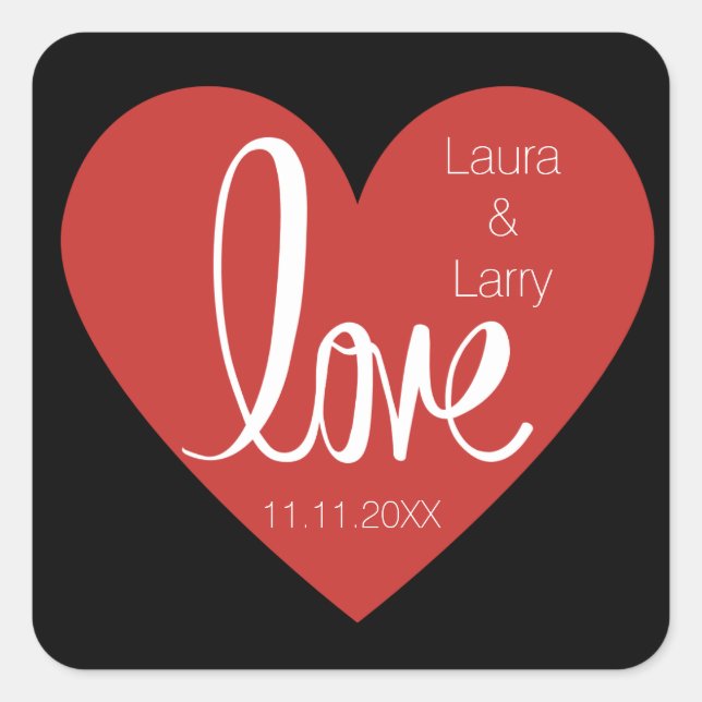 Moderne LIEBE Rote Schwarze Gastgeschenk Hochzeit  Quadratischer Aufkleber (Vorderseite)