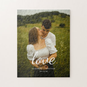 Moderne 'Liebe' Schrift Hochzeitsfoto Paar Puzzle
