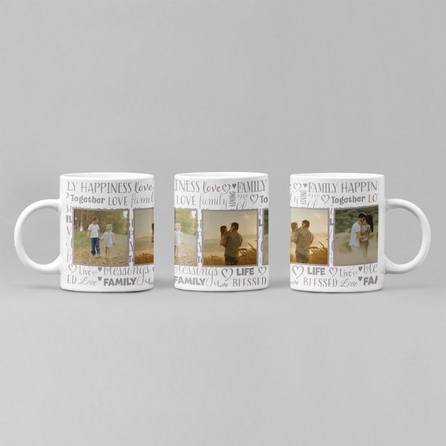 Moderne Liebe Typografie Script-Foto Kaffeetasse (Custom family photo collage mug with love typography pattern and personalized picture memories.)