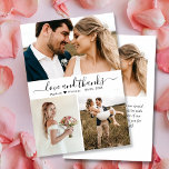 Moderne Liebe und dank Script Collage Wedding Dankeskarte<br><div class="desc">Moderne, elegante, handgeschriebene "Liebe und Dank" Script Foto Collage Wedding Dankeschön Karte. Stilvolle Kartenvorlage mit drei (3) Foto vorne und einem (1) Foto hinten. Mit einem "Liebe und Dank"-Text in einer Wirblen Hand Schrift Kalligraphie oder Typografie-Skript Swash Schwanz Schriftart in schwarz auf weißem Hintergrund. Personalisieren Sie die Namen und danken...</div>