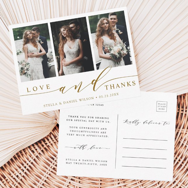 Moderne Liebe und danke 3 Foto Wedding Vielen Dank Postkarte (Front & Back)