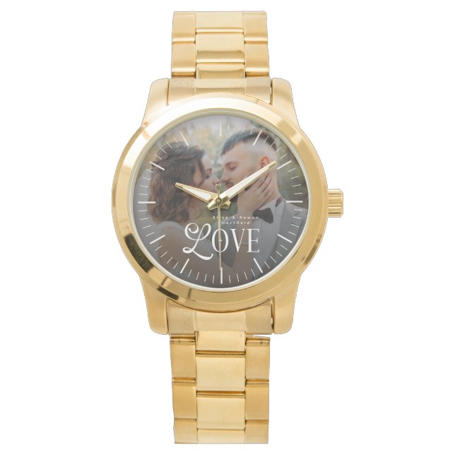 Moderne Liebes-Hochzeitsfoto-Paar-Monogramm Armbanduhr (Vorderseite)