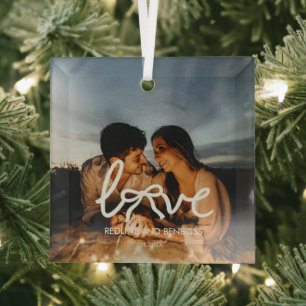 Moderne Liebes-Schleifen-Typografie-Paar-Foto indi Ornament Aus Glas