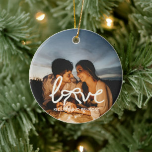 Moderne Liebes-Schleifen-Typografie-Paar-Foto-Wat Keramik Ornament