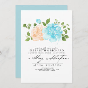 Moderne Light Blue Peach floral Bouquet Wedding Einladung