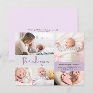 Moderne lila Baby-Mädchen-Fotocollage Dankeskarte