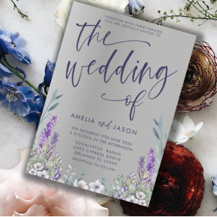 Moderne Lila Blumen- und Silbermetallische Hochzei Einladung