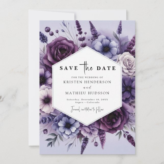 Moderne Lila Blumenhochzeit Save The Date (Vorderseite)