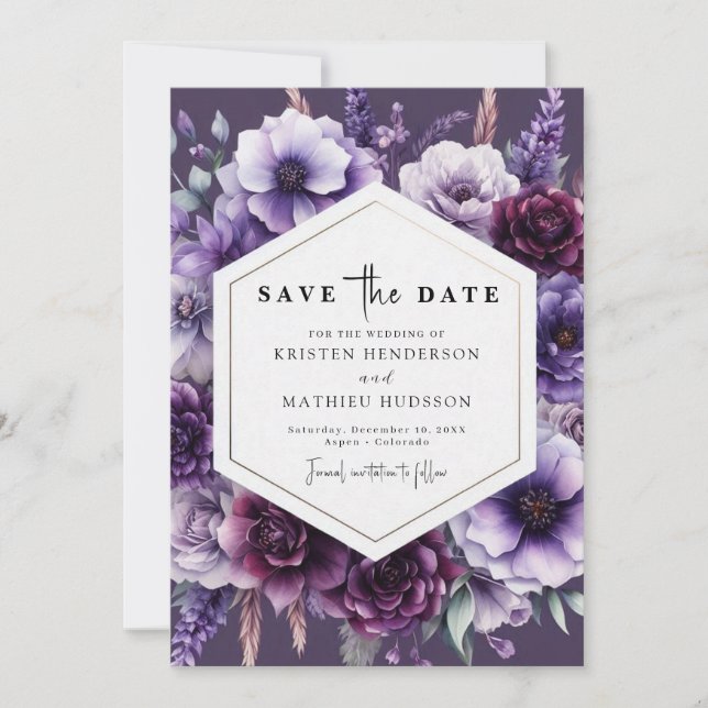 Moderne Lila Blumenhochzeit Save The Date (Vorderseite)