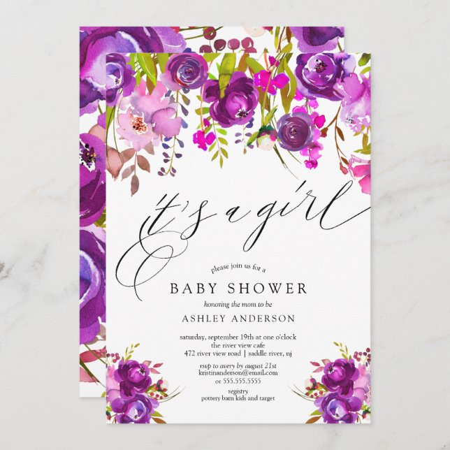 Moderne Lila Blütendusche Einladung (Vorne/Hinten)