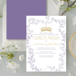 Moderne Lila botanische Quinceñera aus Gold Einladung
