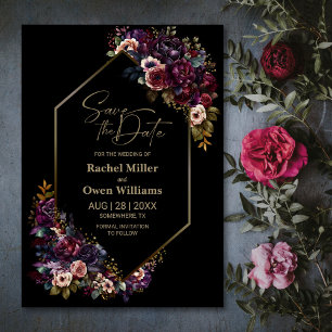 Moderne Lila Burgunder Schwarzer Flora Hochzeit Save The Date