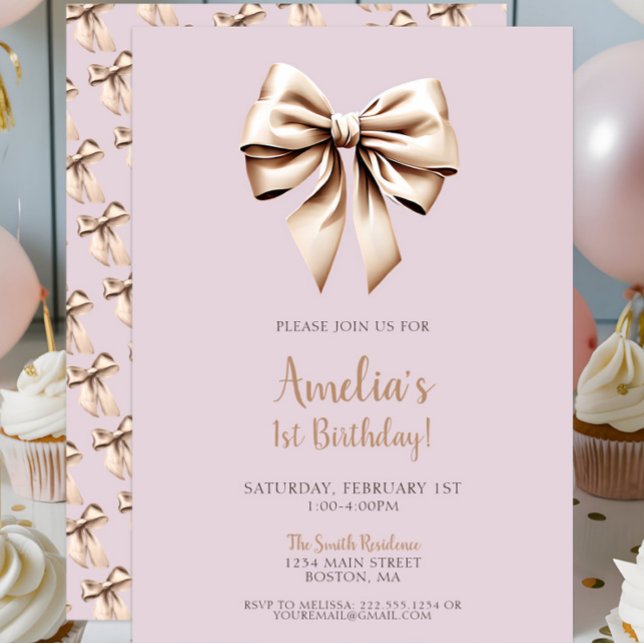 Moderne Lila Coquette Bow 1. Geburtstag Einladung (Modern Chic Lavender Beige Coquette Bow 1st Birthday Invitation, bows invite, onederful, girly)