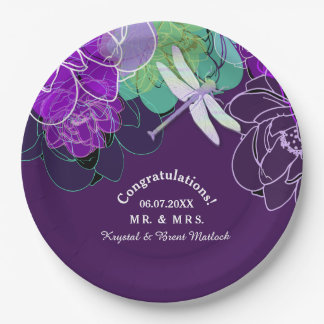 Moderne Lila Dragonfly-Blumenpapier-Teller Pappteller