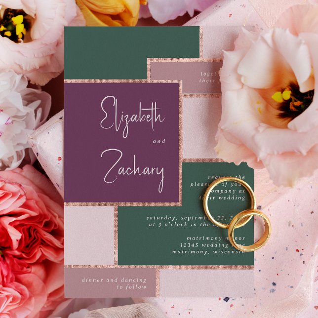 Moderne Lila Emerald Green Rose Gold Wedding Einladung (A unique choice for a modern wedding with an emerald green, purple, blush and rose gold palette.)